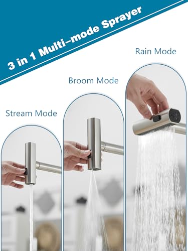 Brushed Stainless Steel Kitchen Faucet with Pull Down Sprayer and Waterfall Feature
