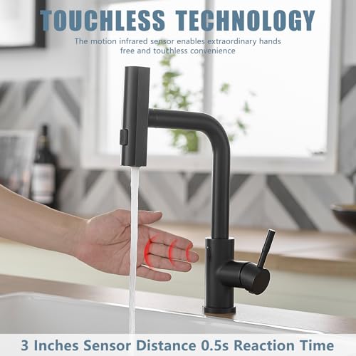 GIMILI Touchless Black Waterfall Faucet with Pull Down Sprayer for Kitchen Sink