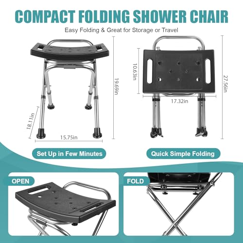 Adjustable Folding Shower Chair for Seniors - Portable Anti-Slip Stool (400lbs, Black)