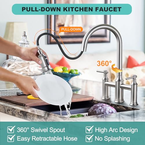 Brushed Nickel 3-Hole Bridge Faucet with Pull Down Sprayer - Two Handles, 8 Inch Centerset